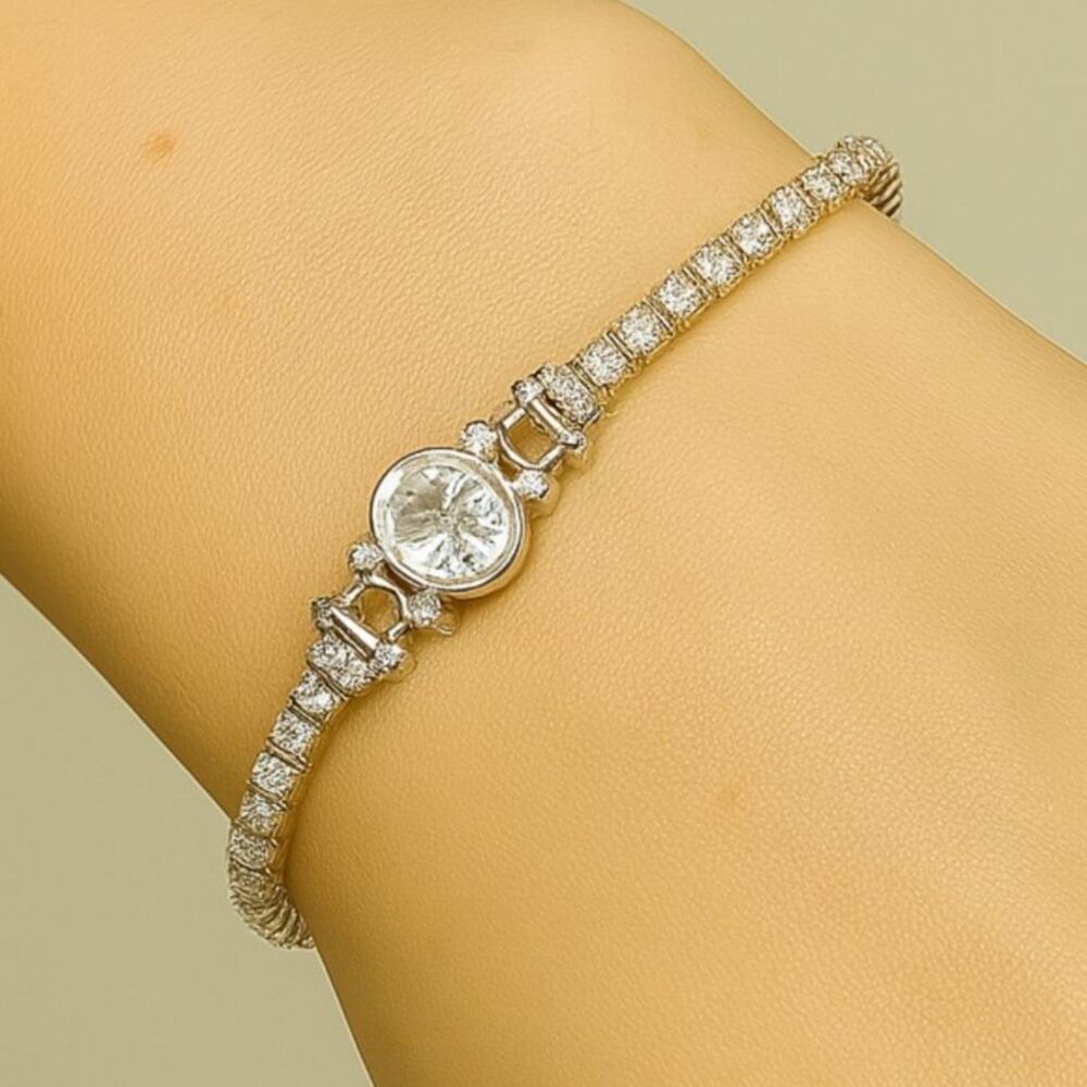 7" Crystal Silver Tone Tennis Bracelet With Oval Crystal Solitaire